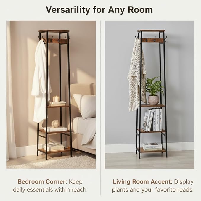 Coat Rack Freestanding, Coat Stand with 3 Shelves and 7 Hooks, Hall Tree Free Standing, Clothes Rack Stand Organizer, Industrial Style, Rustic Brown and Black