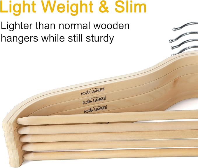 TOPIA HANGER Sleek Wooden Hangers with Non-Slip Rubber Grips, Sweater Hangers No Shoulder Bump, Lightweight Clothes Hangers 30-Pack, 360° Swivel Hook and Pants Bar-CT63N30