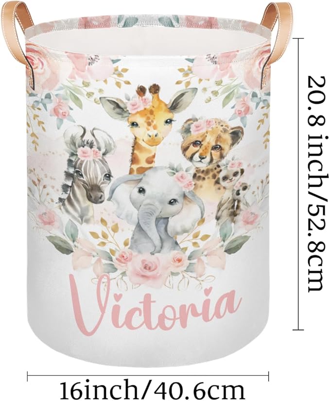 Personalized Laundry Basket, Custom Gift Laundry Hamper, Collapsible Nursery Waterproof Laundry Baskets, Dirty Clothes Toy Hamper with Handles Jungle Safari Blush Floral