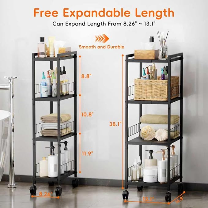 Expandable Slim Storage Cart with Wheels, 4 Tier Narrow Metal Rolling Utility Cart Organizer Adjustable Open Floor Shelf Unit for Small Spaces Bathroom Laundry Room Kitchen