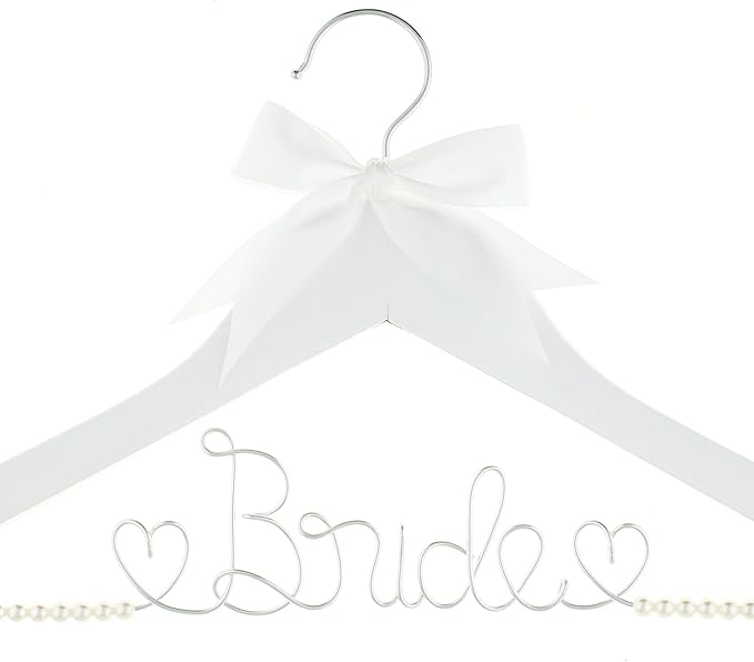 Bride to Be Wedding Dress Hanger Wooden and Wire Hangers for Brides Gowns, Dresses (White with Silver Wire and Strand Pearls)