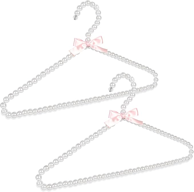 Concepts Premium Heavy Duty Pearl Hangers with Pink Ribbon Trim for Wedding and Engagement Gowns - Slim Design Also Can Be Used for Suits and Shirts (White 2 Pack)