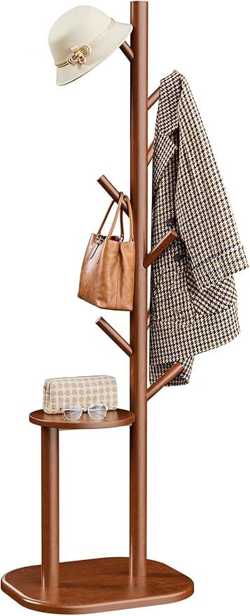 Pipishell Coat Rack, Freestanding Hall Tree with 8 Hooks & Storage Shelf, Solid Wood Base, 66.3″ Tall Coat Rack Stand for Coats, Hats, Bag in Entryway, Bedroom, Living Room, Brown, PIFCR11BN
