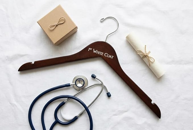 1st White Coat Hanger | Medical School Graduation Gift for Doctors, Pharmacists & Nurses | White Coat Ceremony Keepsake | Dark Walnut Engraved Wood Hanger