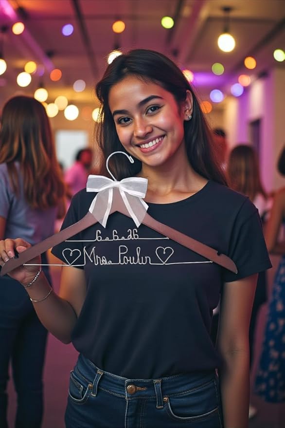 Bride Wedding Hanger for Dress Bride Name Mrs Silver, Gold Wire Writing - Dark Wood or White Wood Hanger with Notches Choice of 10 Bow Colors with or Without Wedding Date, Graduation Gown
