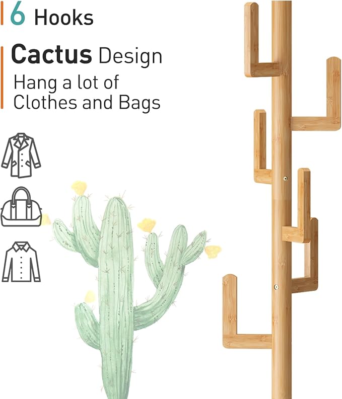 Coat Rack, Wooden Coat Rack Freestanding with Shelf, Bamboo Cactus Coat Tree, Coat Tree for Clothes/Bag/Hats, Hanger Stand for Entryway (Natural)