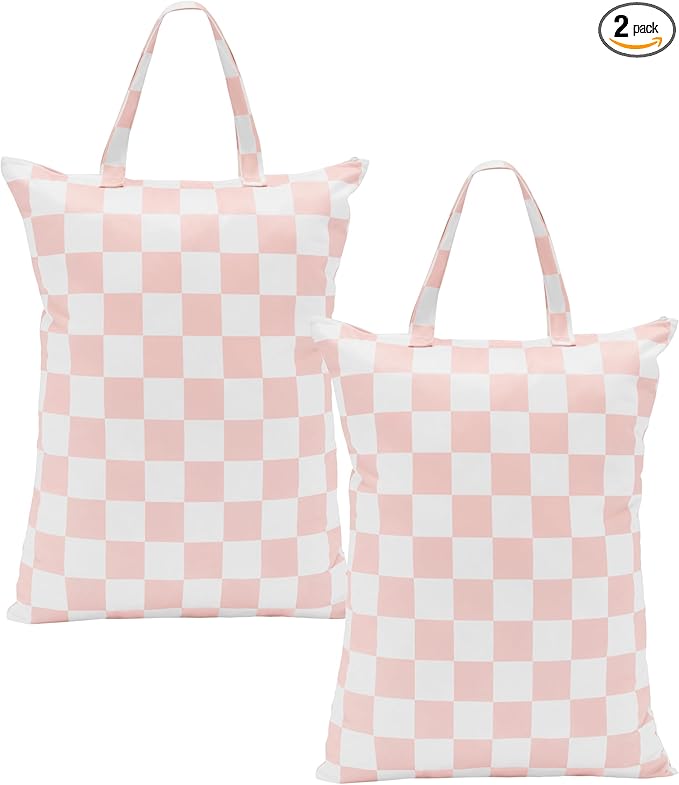 Pink Checkered 2 Pcs Large Travel Laundry Bags for Dirty Clothes, Aesthetic Trendy Waterproof Washable Laundry Bag with Handle for Girls Women, Travel, Gym, Swimming Pool