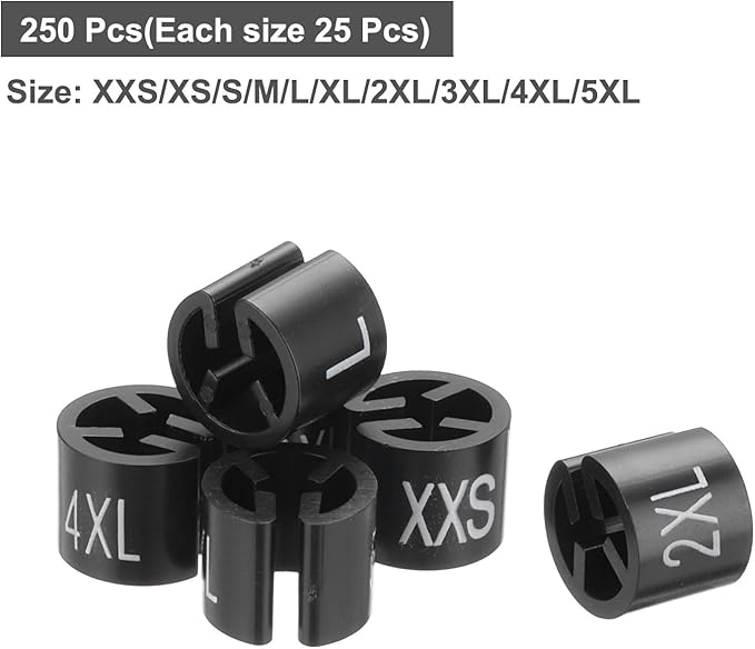 MECCANIXITY Clothes Hanger Marker XXS/XS/S/M/L/XL/2XL/3XL/4XL/5XL Size Tag Fit 3mm Rod Black for Garment Clothing Color Coding, 250Pcs