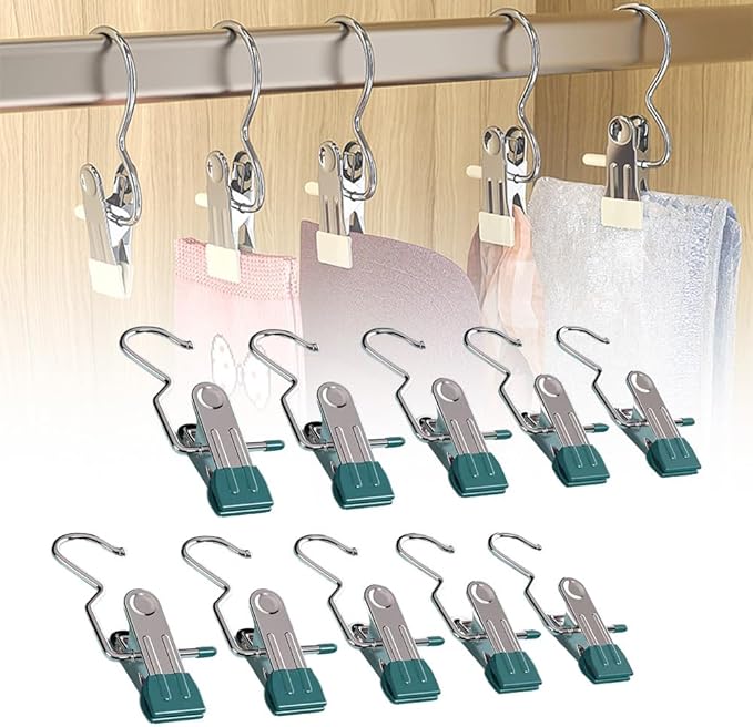 2024 New Space-Saving Clothespin Hat Pants Storage Hanging Travel Hook, Portable 360° Rotating Stainless Steel Hook Clips Towel Clips, Multifunctional Home Hangers (Green, 30PCS)