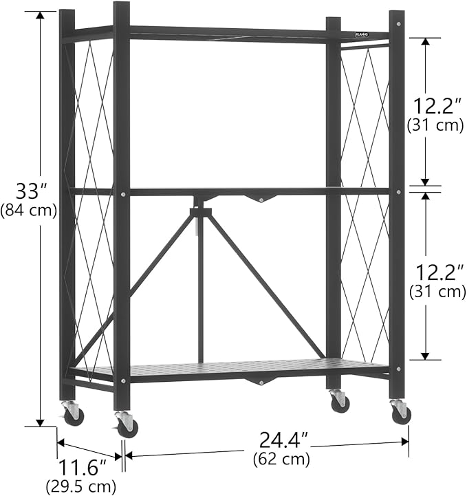 ALANNG Heavy Duty 3-Tier Folding Shelf with Wheels, No Tools Assembly Metal Storage Rack Cart for Kitchen, Pantry, Laundry Room, Garage, Black