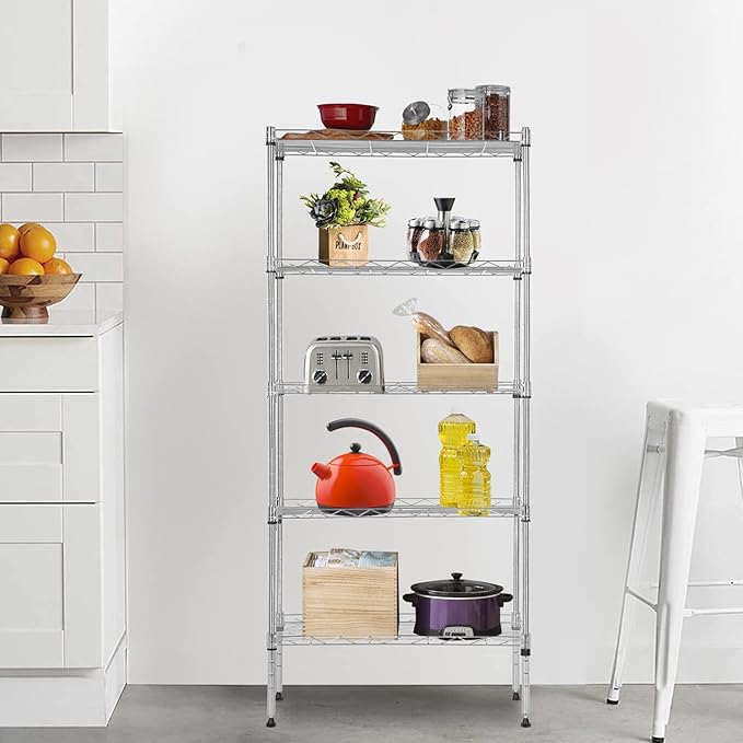 5-Tier Heavy Duty Metal Storage Shelves, NSF Certified Adjustable Wire Shelving Unit with Leveling Feet, 750 LBS Capacity Metal Rack for Garage, Kitchen, Pantry,Office,Chrome, 21.5"L x 11.6"W x 47.6"H