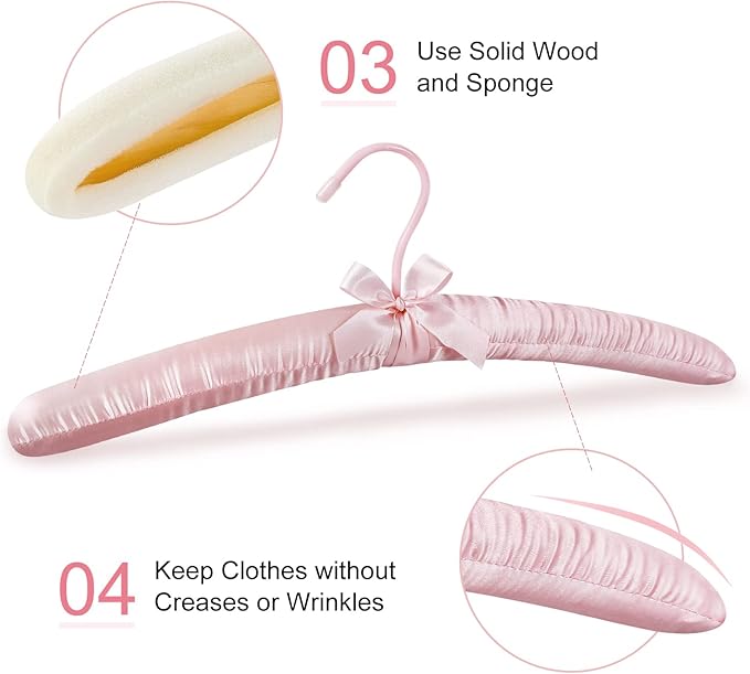 TOPIA HANGER Padded Hangers for Women Clothing,17-inch Satin Hangers 5 Pack Thick Foam Padded No Shoulder Bump for Sweaters, Coat, Blouses, Dresses-Pink,CT18P