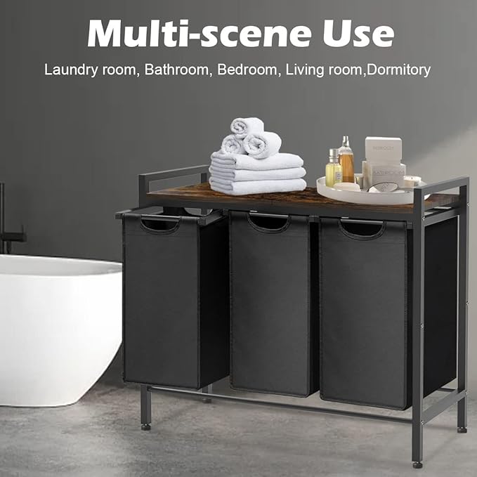Large Laundry Hamper Sorter with 3 Removable & Pull-Out Sorting Bags, Wooden Top Shelf, Versatile Laundry Basket Organizer for Laundry Room, Bathroom, Dorm, 8 * 3 Gal, Black