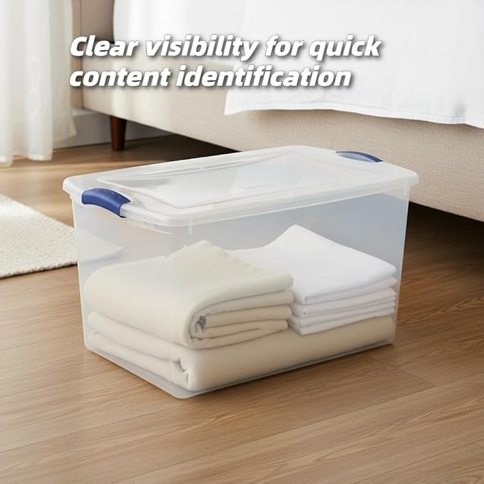 66 Quart Large Clear Plastic Storage Bin – Airtight Latch Lid Container with Blue Handles, Stackable & Durable for Closets, Garages, Dorm Rooms & Basements (Fits Bedding/Seasonal Clothes)