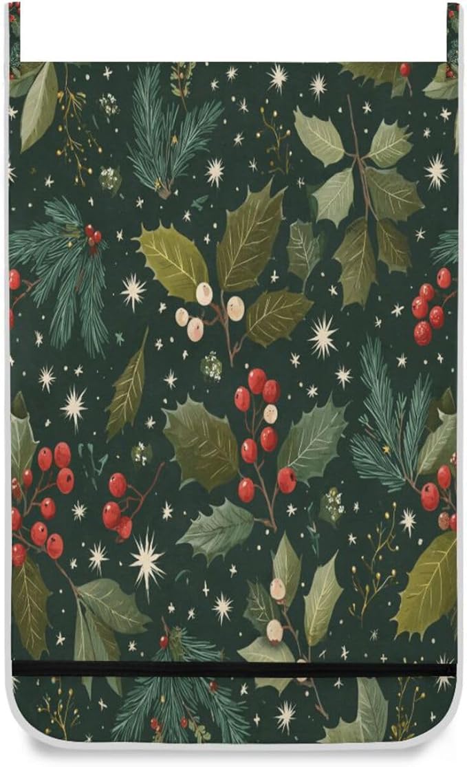 Green Christmas Holly Berries Pine Needles Leaves Hanging Laundry Hamper Door Hampers Bag Basket with Stainless Steel Hooks Oxford Fabric Printing Decorative Clothes Bags 29.5X20inch 2Pack