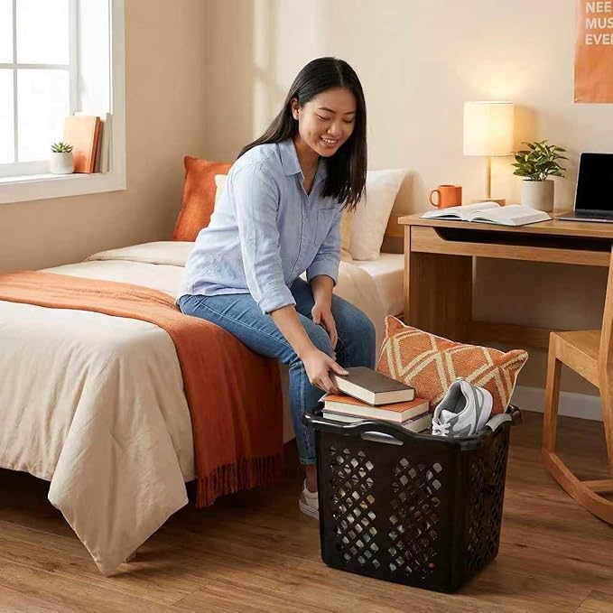 2-Pack Ultra Easy Carry Plastic Laundry Hamper, 2 Bushel Lamper Plastic Laundry Basket with Silver Handles,Dirty Clothes Laundry Hamper Bin for Home, Apartment（Black)