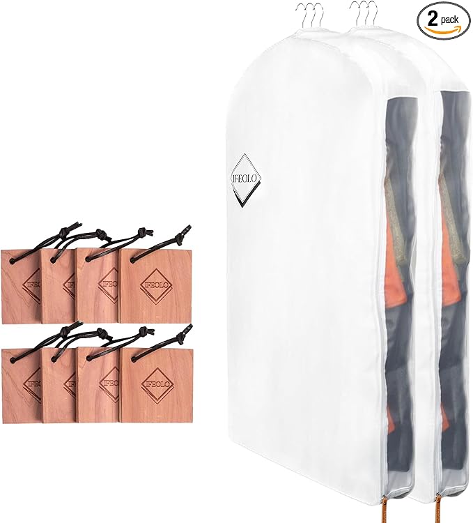 2PC Luxury 48'' Organic Cotton Garment Storage Bag for Hanging Clothes | 8 Cedar Blocks for Fresh Smell| Breathable Garment Bag for Hanging Clothes for Closet Best for Suit, Sweater, Short Dress, Gown