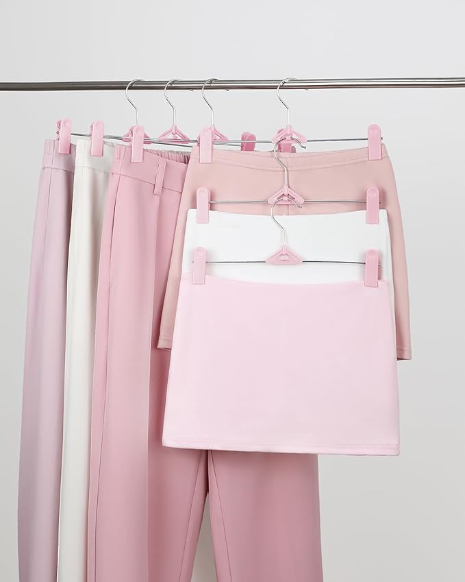 Skirt & Pant Hangers with Clips for Women - 50 Pack Space Saving Stackable Skirt Hangers with Clips - Non-Slip, Adjustable for Kid, Adult, Men, Children, Baby, Pink