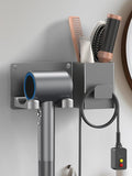 Hair Dryer Holder Wall Mounted with Tool Organizer, Blow Dryer Holder Compatible With Dyson/Shark, Hair Dryer Hanger Adhesive/Screw Mount for Bathroom, Vanity, Bedroom - Mg-Al Alloy, Gray