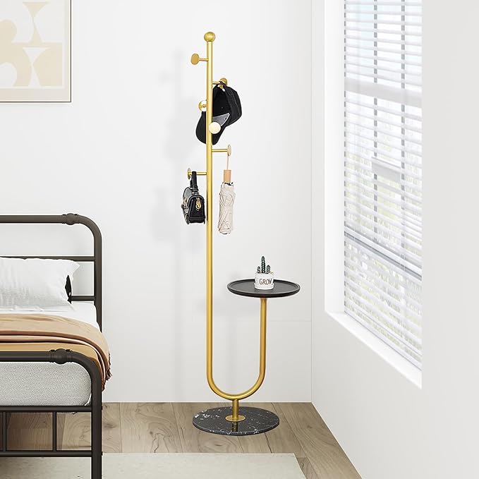 Coat Rack Freestanding with Table & 6 Hooks, Corner Coat Tree, Heavy-duty Marble Base Coat Rack Stand for Bedroom Living Room Office Entryway 13.78 x 13.78 x 68.11 Inches (Gold)