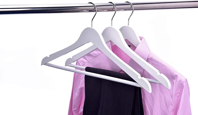 Quality Wooden Suit Hangers with Non Slip Pants Bar, 20 Pack, Smooth Finish Solid Wood Coat Hanger with Swivel Hook, Jacket, Pant, Dress Clothes Hangers (White, 20)