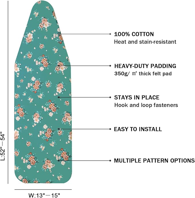 Ironing Board Cover and Pad Standard Size 15" x 54",3 Pairs of Hook and Loop Fastener Straps,Elastic Edges,Cotton Iron Board Cover with Scorch Resistant Thick Padding (Green+Flowers)