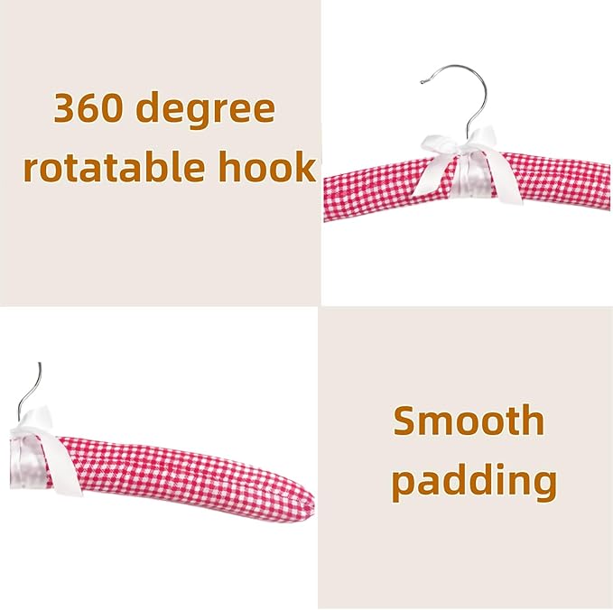 Plaid Pattern Padded Hangers for Women Clothing,Satin Hangers Padded Bride Hanger for Wedding Dress Soft Padded Hanger for Sweaters Coat Clothes (5, Red)