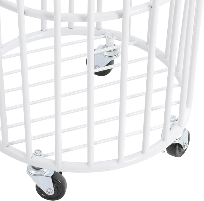 Rolling Laundry Basket Cart, Metal Laundry Hamper with Wheels, Laundry Organizer Basket Cart, Clothes Storage Organizer Hamper for Living Room,Bathroom,Closet (White, Round Barrel Shape)