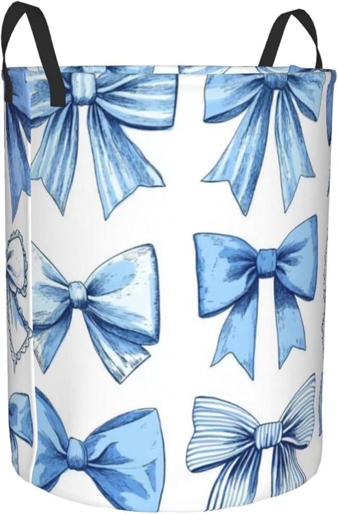 Cute Blue Bow Print Laundry Basket For Storage Bins Gift Baskets Bedroom Clothes Hamper