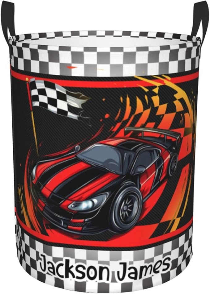 Personalized Car Racing Laundry Basket, Custom Laundry Hamper With Name Gifts For Kids Baby Adults, Collapsible Dirty Clothes Storage Organizer With Handles S 16.5 X 13.8in