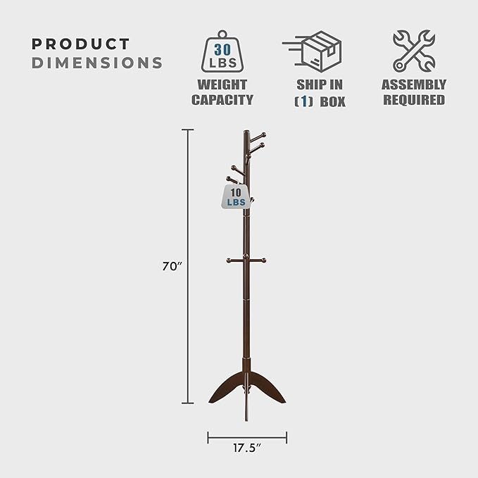 Lexicon Sturdy Solid Wood Coat Rack Stand with 11 Hanging Hooks for Hats,Scarves, Handbags, 7-Tier Wooden Coat Rack Freestanding Tree Used in Bedroom, Entryway, Hallway, Office, Dark Brown