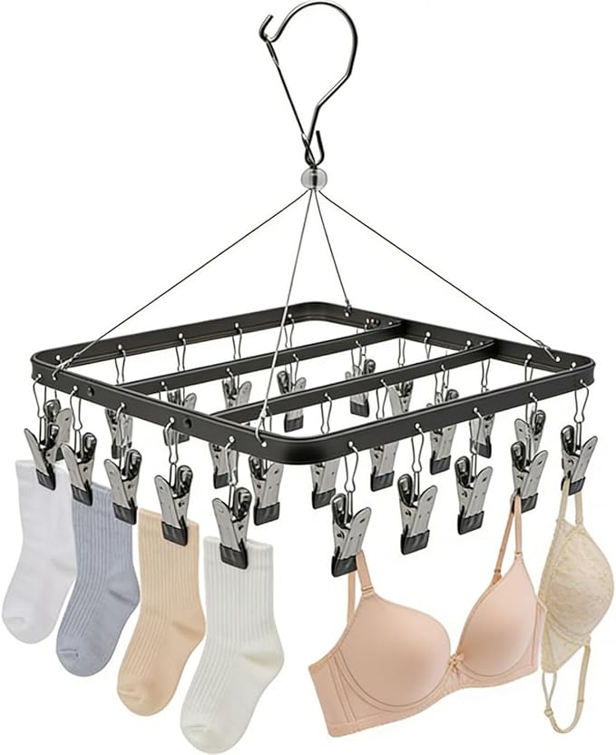 Clothes Drying Racks Clip Hangers Metal with 36 Clips Windproof Hook Underwear Hanger Foldable Laundry Clip for Socks Bras Black