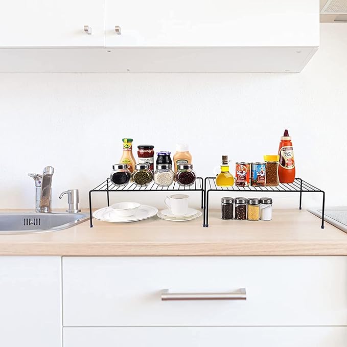 Large (16.1 x 10.2 Inch) Cabinet Storage Shelf Rack, Shelves，Kitchen Counter and Cabinet Shelf, Storage Rack Organizer for Kitchen, Fridge, Cabinet, Bathroom Cupboard (Black, 4)