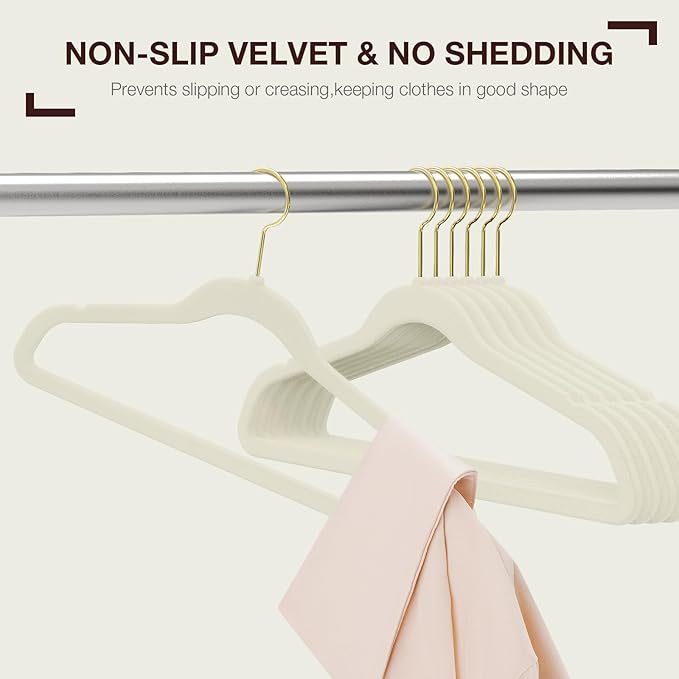 Korpai 50 Pack Beige Velvet Hangers,Coat Hanger Non Slip,Heavy-Duty,Space Saving,Slim Clothes Hangers for Pants,Outfit,Skirts,Suits,Coats,Dresses ect.Felt Hangers with Gold 360°Swivel Hook