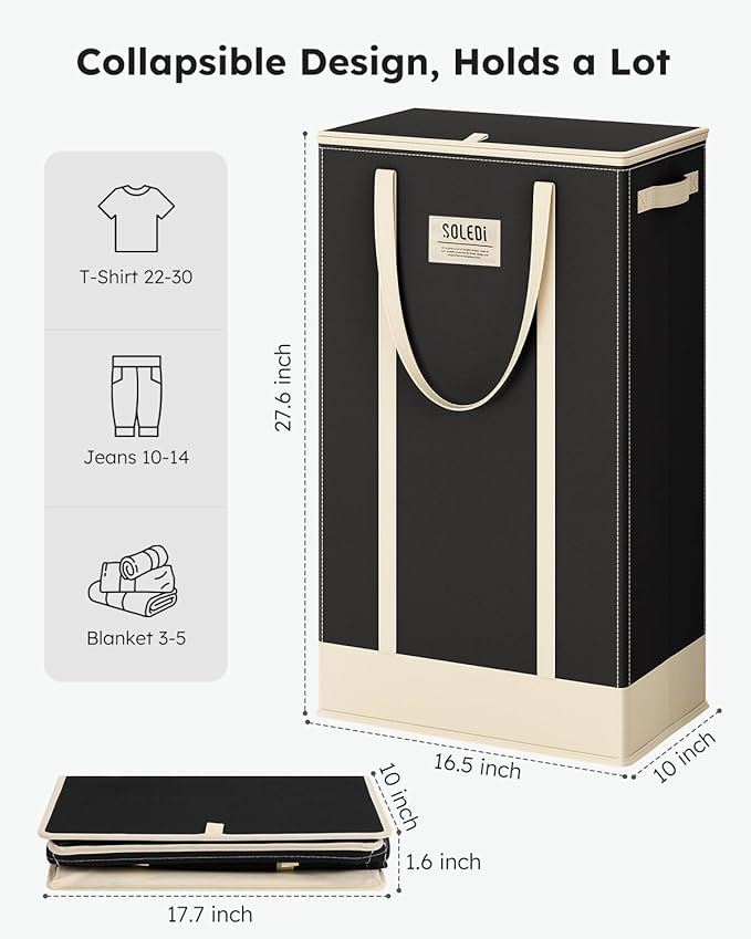 SOLEDI 75L Slim Laundry Basket with Lid,Collapsible Narrow Laundry Hamper with Handles,Tall Skinny Dirty Clothes Hamper for Laundry Room,Dorm,Bathroom,Bedroom,and Small Spaces, 75L Black