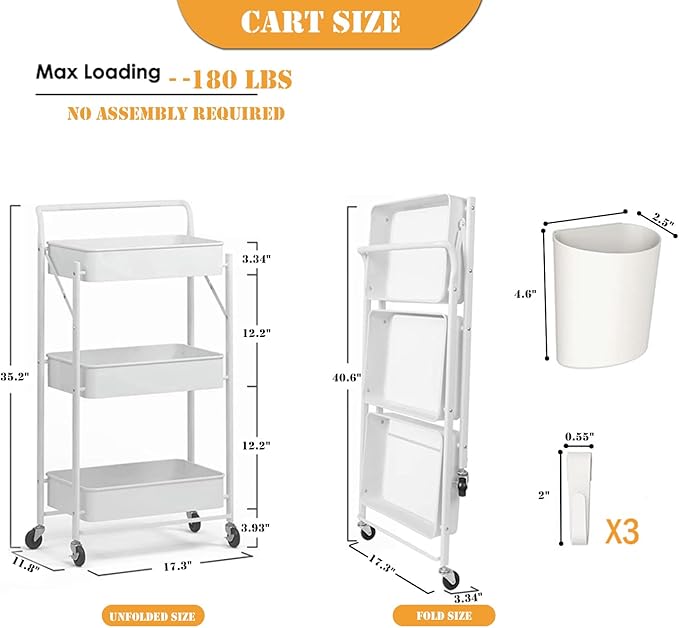 Foldable Storage Cart 3 Tier Rolling Cart with Wheels No Assemble Required Metal Utility Kitchen Cart Heavy Duty Folding Storage and Organizer for Classroom, Bedroom(White)