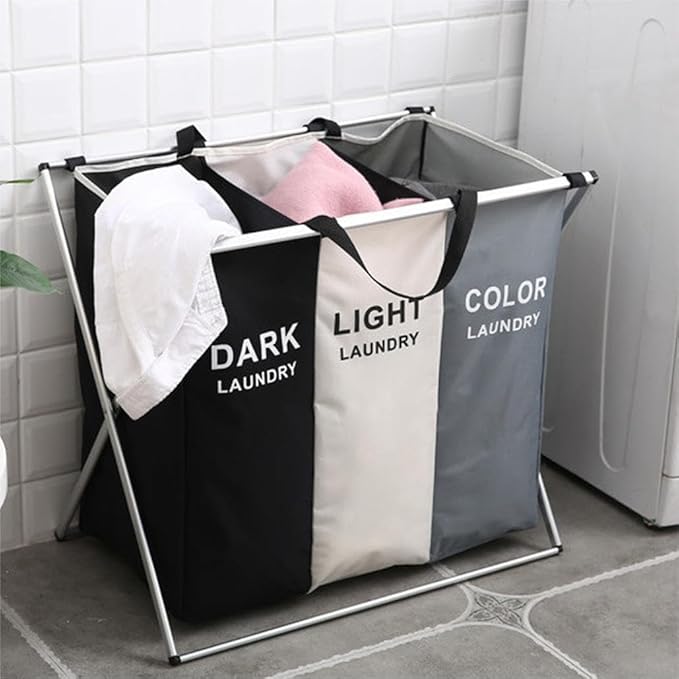 3-Section Laundry Basket Organizer, Foldable Hamper with Dividers, 150L Large Capacity, Waterproof 600D Oxford Fabric, Freestanding Lightweight Clothes Sorter Bedroom, Dorm, Bathroom (24x15x26in)