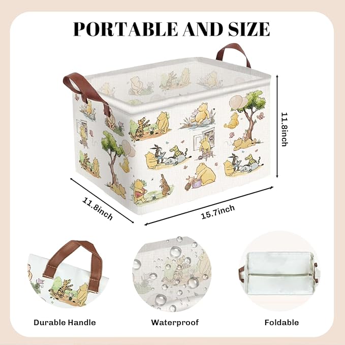 Greatingreat Winnie Baby Laundry Basket, Foldable Small Hamper with Canvas & PE Coating, Collapsible Portable Clothes Organizer for Nursery, Home, Bedroom Storage (White)