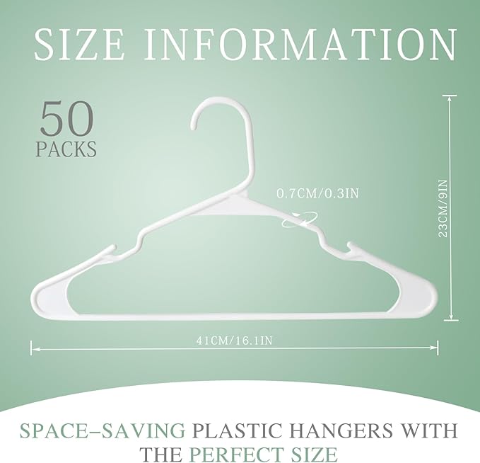 50 Pack White Plastic Clothes Hangers with Shoulder Grooves, Durable Space Saving Adult Clothing Hanger for Coat Shirt Skirt Dress, Light Weight Closet Organizer for Home College Dorm Laundry