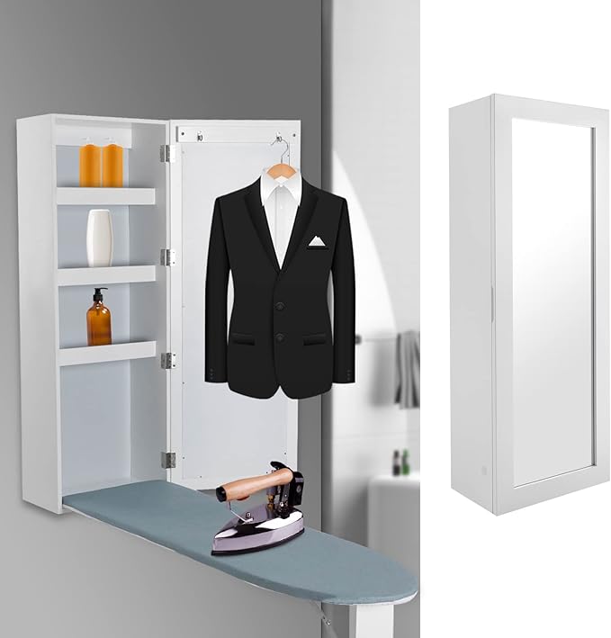 Wall Mounted Ironing Board Cabinet with Mirror, Built in Garment Ironing Surface Ironing Board with Foldable Storage Cabinet for Home Apartment Small Spaces (Style1)
