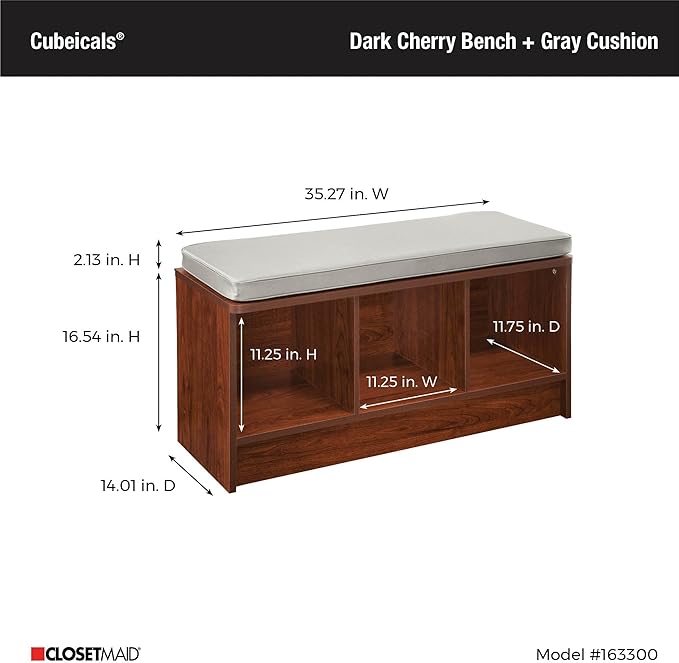 ClosetMaid 1633 Cubeicals 3-Cube Storage Bench, Dark Cherry with Gray Cushion