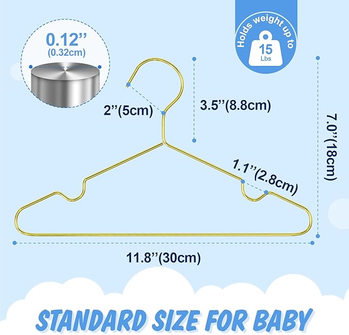 Gold Kids Hangers 12 Inch 30 Pack Strong Metal Wire Baby Clothes Hangers, Heavy Duty and Space Saving Infant Hangers for Toddler Chirldren Coats, Pants