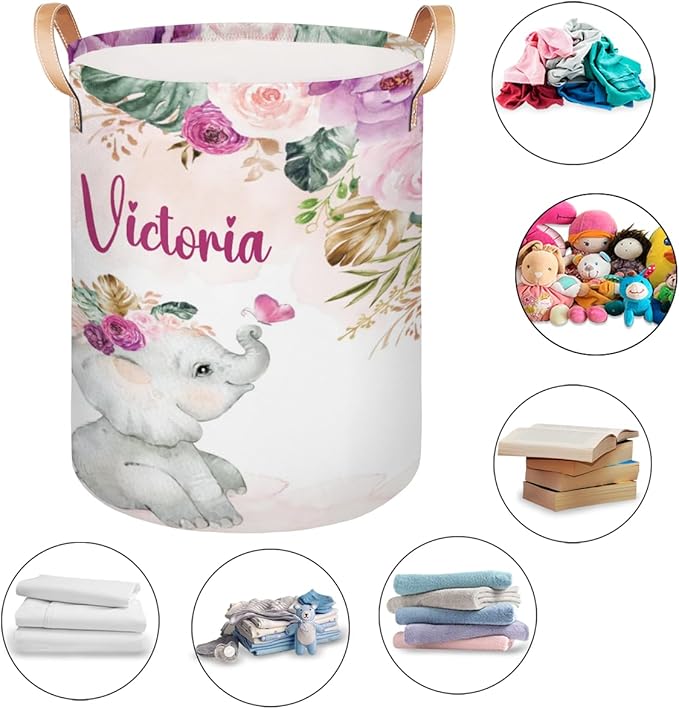 Personalized Laundry Basket, Custom Gift Laundry Hamper, Collapsible Nursery Waterproof Laundry Baskets, Dirty Clothes Toy Hamper with Handles Purple Blush Floral Elephant