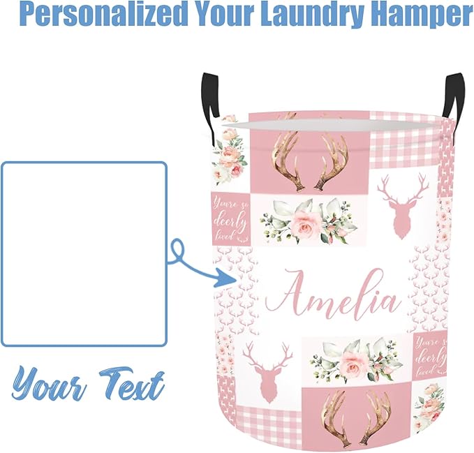 Custom Name Deer Laundry Baskets, Personalized Pink Laundry Basket for Kids & Adults, 2 Sizes Storage Organizer