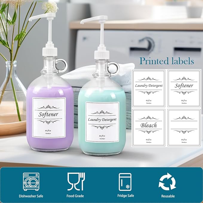 3 Pack Laundry Detergent Dispenser with Pump and Lid, 64 Oz Glass Bottles for Laundry Room Organization and Storage, Fabric Softener Dispenser for Washer