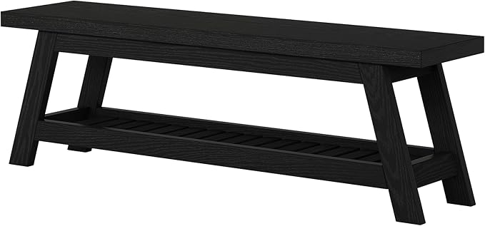 Tribesigns Wood Black 2-Tier Entryway Bench with Shoe Storage, 55" Large Narrow Hallway Foyer Seating Bench with Open Shelves for Entryway, Bedroom, Mudroom