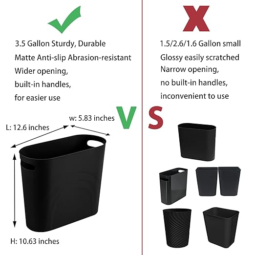 rejomiik Small Trash Can, 3.5 Gallon Slim Garbage Can Plastic Waste Basket with Handles Container Bin for Narrow Spaces Bathroom, Bedroom, Kitchen, Office at Home, Black