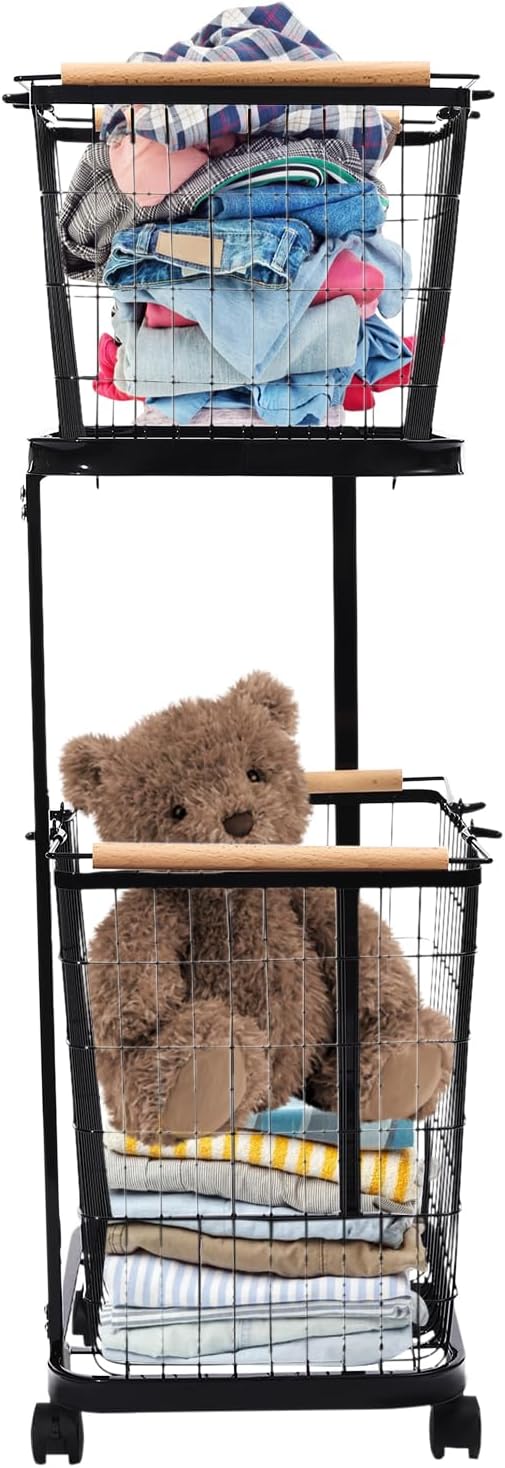 Laundry Hamper, 2 Tiers Laundry Sorter,Vertical Rolling Laundry Cart,with 4 Universal Wheels,with 2 Pull-Out and Removable Shelf, Clothes Hamper with Divided Bag for Laundry Room,Bathroom, Dorm