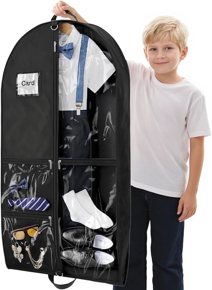 2Pack Dance Garment Bags for Dancers, 40" Garment Bags for Hanging Clothes with 3 Clear Zipper Pockets, Cheer Uniform Garment Bag for Suits, Travel & Sports Jersey, Cheer Uniform(Black, 2Pack 40")