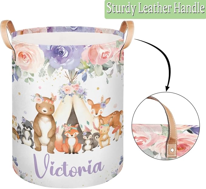 Personalized Laundry Basket, Custom Gift Laundry Hamper, Collapsible Nursery Waterproof Laundry Baskets, Dirty Clothes Toy Hamper with Handles Woodland Animals Blush